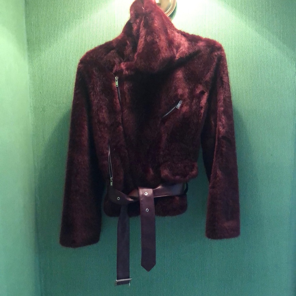 Alexis SHURA burgundy faux fur jacket with belt